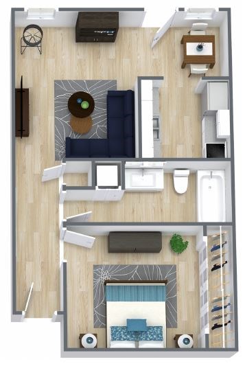 A top-down view of a small apartment with a kitchen, living room, and bedroom.